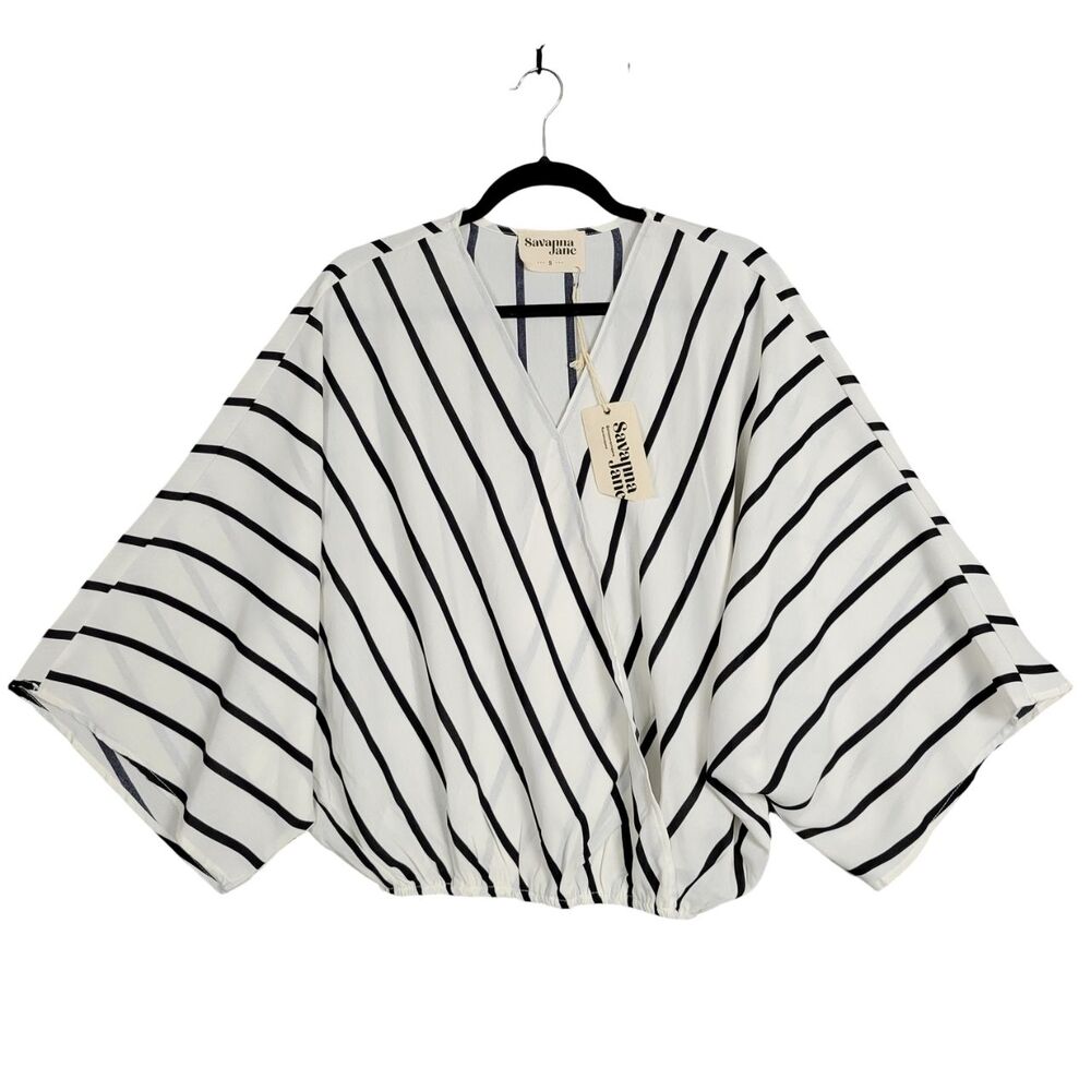SAVANNA JANE White Black Striped Dolman Faux Wrap Top Beachy Boho SIZE SMALL